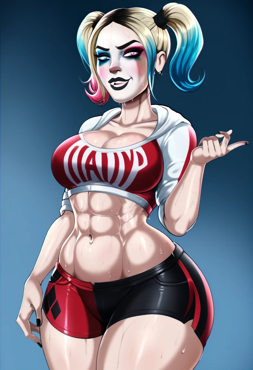 Margot Robbie, Harley Quinn, face paint, beautiful face, young girl face, bluish grey eyes, slim teens athletic body, toned abs, small breasts A cup, toned thighs, cameltoe, big round ass, Harley Quinn outfit, head to toe, circus show in background, cartoon art style; huge grin on her face