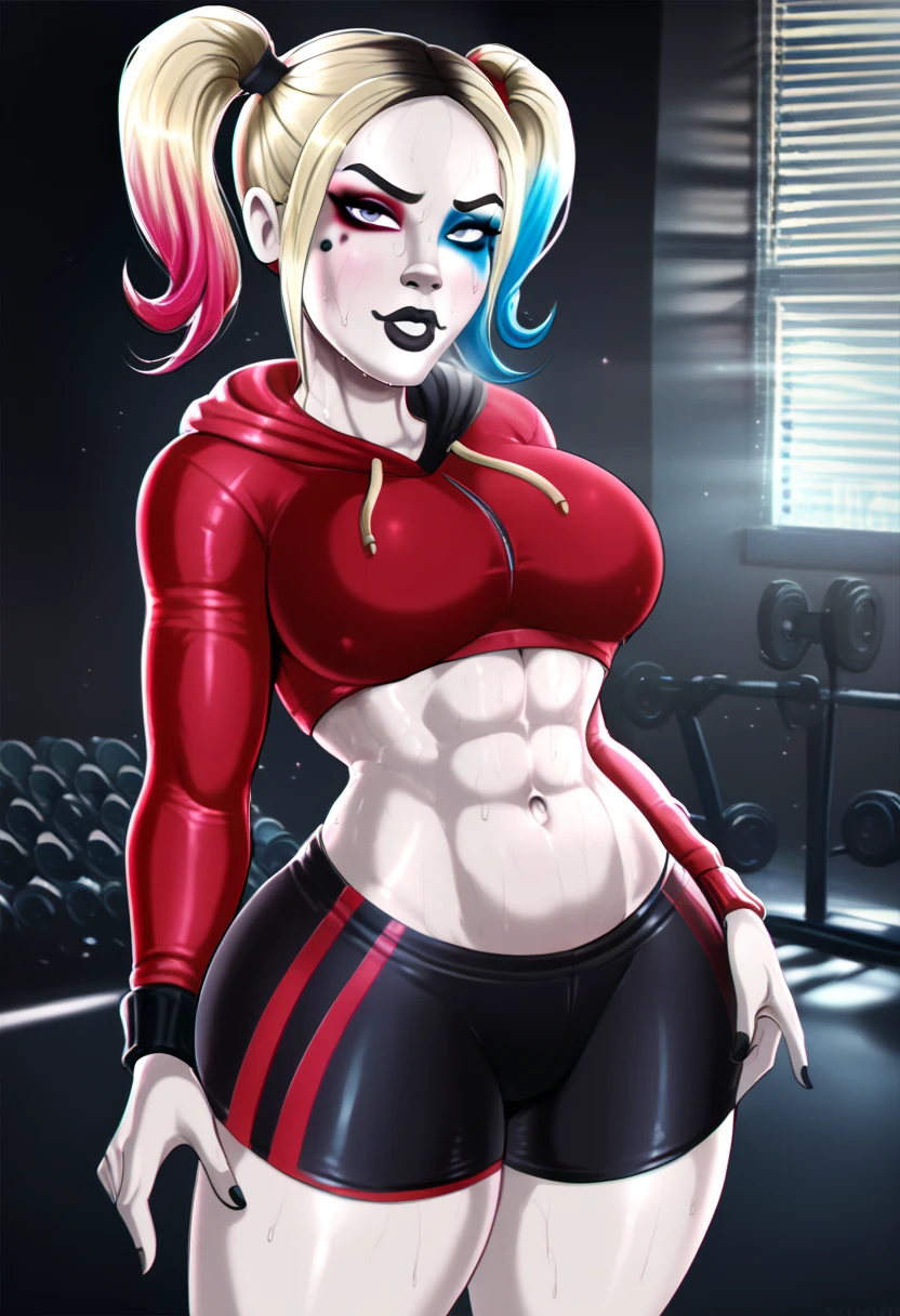 Harley Quinn: (Topless) in the gym: masturbating: laughing: ((masturbating)) (orgasm) ((vagina)) Boob play: nipples: nipples Play: BRALESS: nipal rubbing: gym:
