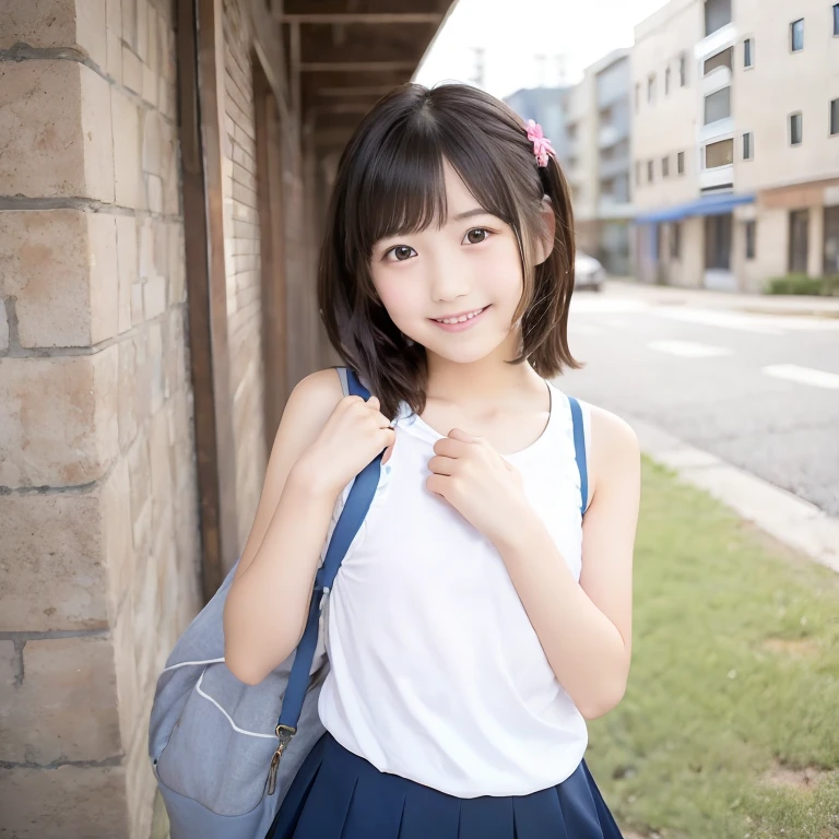 (8k),(masterpiece),(Japanese),(),((Innocent look)),((Childish)),from the front,smile,cute,Innocent,Kind eyes,Plain T-shirt,Short sleeve,Blue checked short skirt,(Carrying a red backpack),Straight Hair,Hair blowing in the wind,Black Hair,Somewhat strong wind,noon,bright
