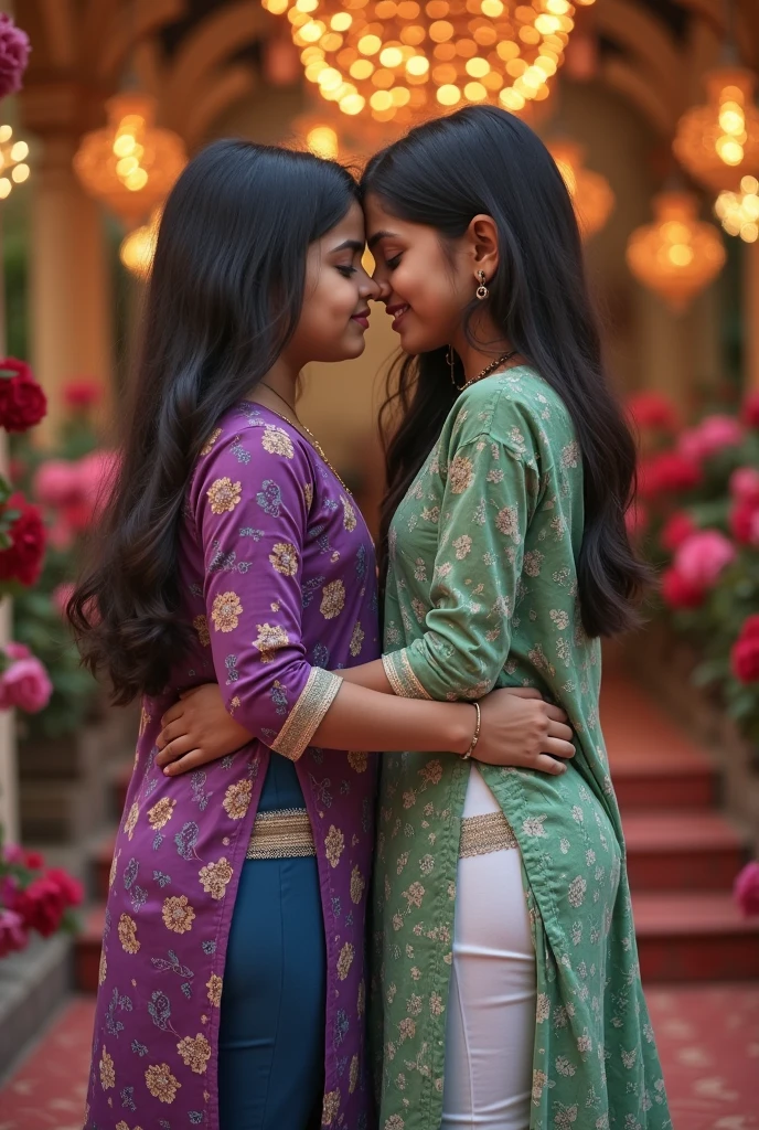 A 25 year old master is studying, 10 16 year old girls are studying on the bench, they are in school dress, and one girl is kissing the master, a girl who is kissing, the girl is wearing a black printed kurti, 32k quality image