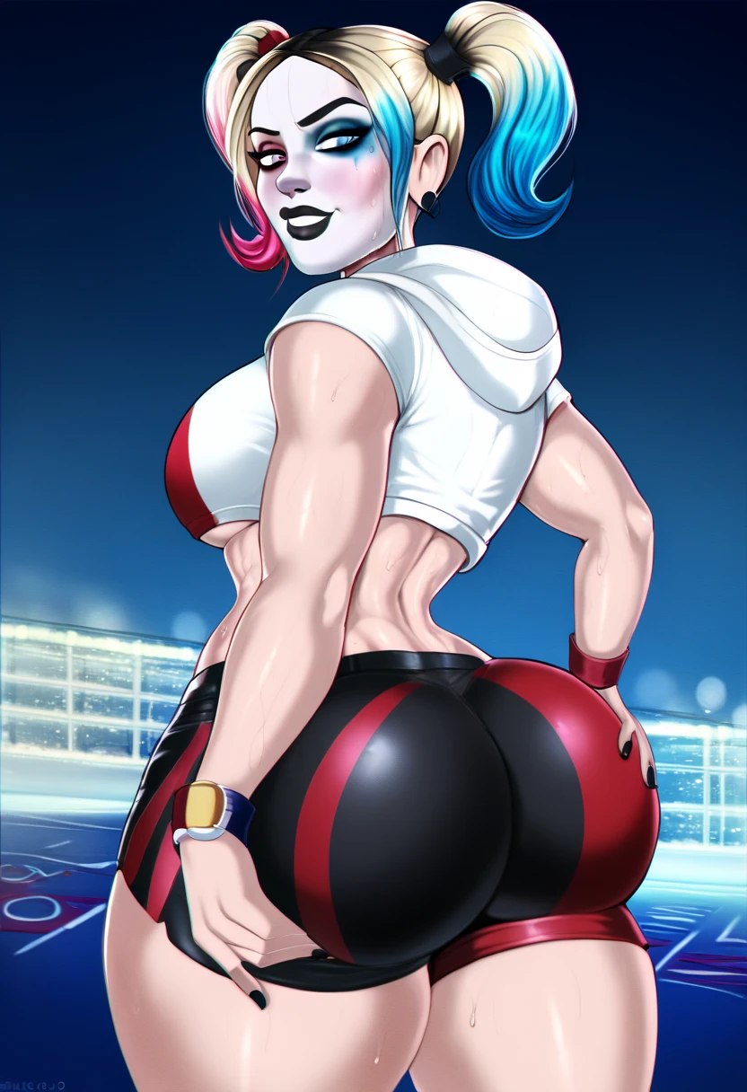 futanari,pomni,carnival jester,jester cap,large breasts,peefect anatomy,pale skin body,black outfit,nippleless,womp tattoos,detailed,masterpiece,top quality,highres,evil jester,garter belt,thighhighs,standing,from behind,bent over,ass up.flaccid penis,testicles,erection,cum in ass