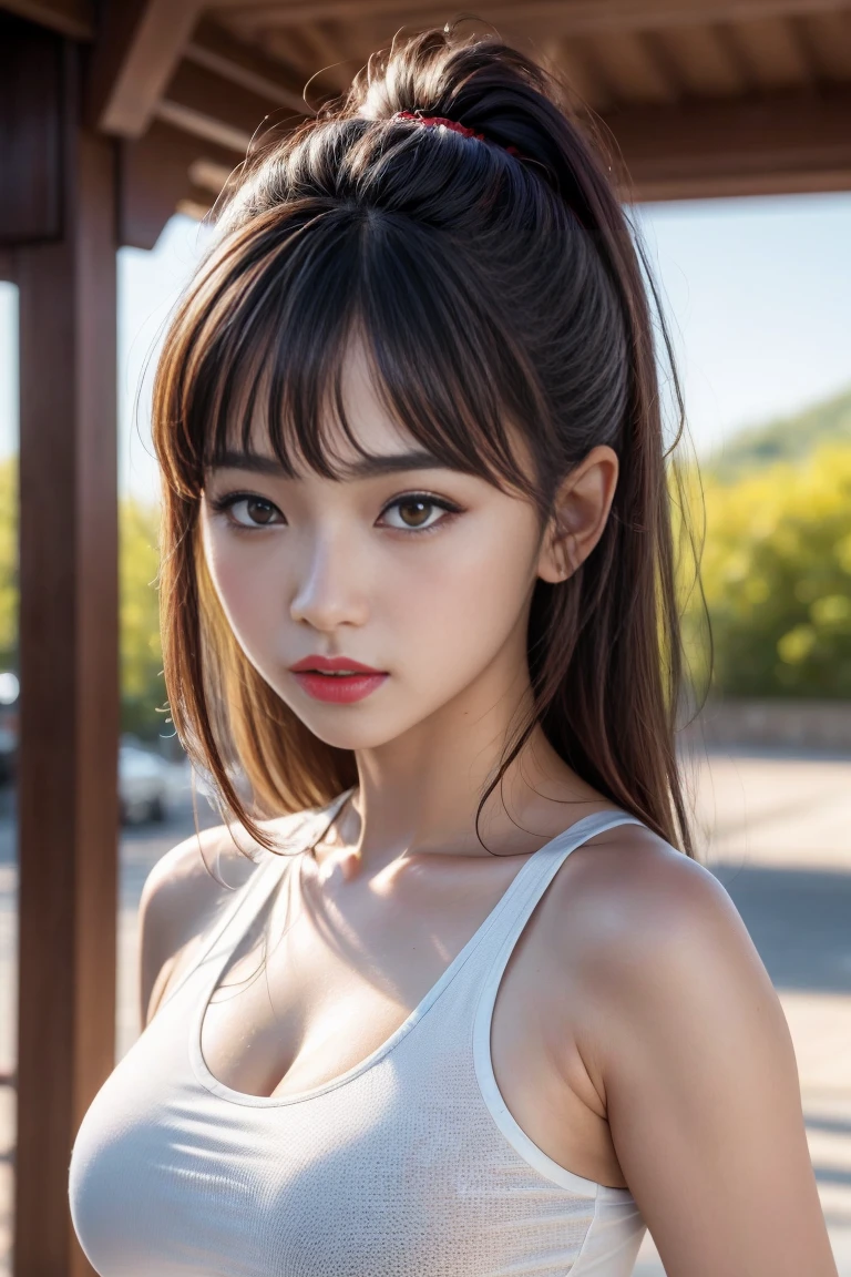 Divide Ratio : 4,3,1 Base Ratio : (a girl in a garden:1.1),(details of a very beautiful face)(best quality:1.4)16k resolution,(photo realistic:1.45), (realistic:1.45), 16k, HDR, (vivid colors), beautiful detailed lips, (red_lipstick:1.2), BREAK (Black hair twintail:1.2), sharp focus, physically-based rendering flowers in the background:1.2 soft sunlight, BREAK beautiful detailed eyes ((brown_eyes:1.2)) close up of a woman's eye with a digital rendering, BREAK (long blue_eyelashes:1.1), BREAK (pink_makeup:1.2), BREAK (white tanktop:1.3), BREAK, greenery,relaxed expression,dainty jewelry,friendly atmosphere,detailed background,harmonious colors,subtle shadows,peaceful ambiance,gentle breeze,faint sunlight,lush garden,beautiful flowers,delicate features,vibrant eyes,rosy cheeks,bright and beautiful smile,gleaming white teeth.