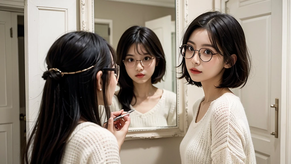 A girl with short shoulder-length hair, flat and dark nose, who wears glasses and has Korean bangs, make her look charismatic