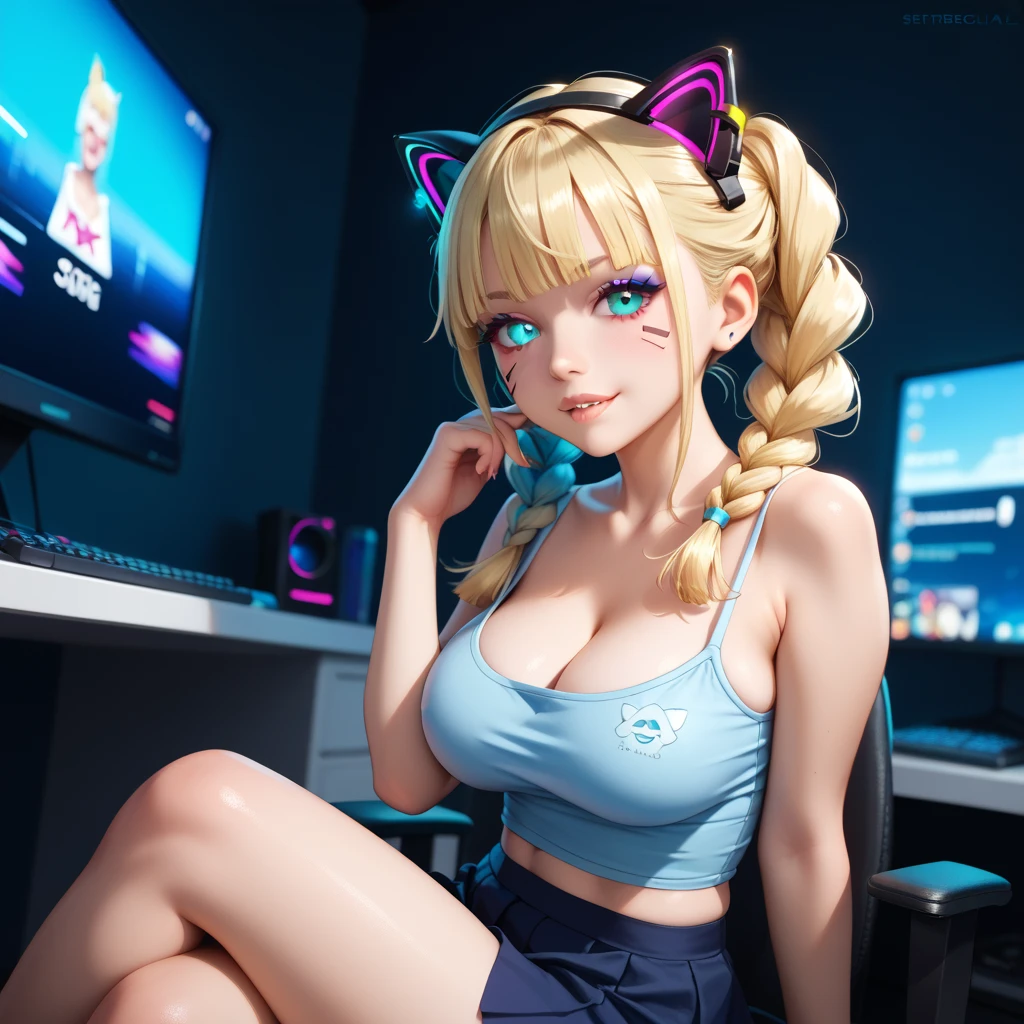 Twitch gamer girl ((@vanilopa_tik)crazy and pretty Russian (age 20) intentional down blouse no bra, cute geek, 80s big slightly curled hair, a little belly, slutty Pokémon panties with twin tails (dirty or cute messages on panties and or top), cat ear headset, lewd flirting, expensive gaming chair) video controller nearby, turned to face viewer