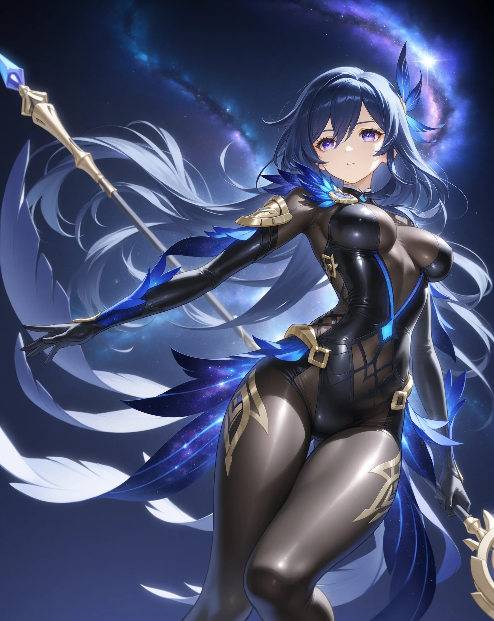 masterpiece, best quality, high resolution, 1girl, blue hair, long hair, extra long hair, ponytail, bangs, inter-eye hair, side hair, ahoge, goat horn, horn, purple eyes, bell, cowbell, neck bell, neck bell, collar, split collar, white collar, off-shoulder, pantyhose, black pantyhose, black pantyhose, bodystocking, long sleeve, pelvic curtain, split sleeve, white ankle sleeve, long sleeve, gold trim, medium chest, gloves, black gloves, ribbon, leg ribbon, leg band,, white footwear, vision ( genshin impact), ganyu\ (genshin impact\), outdoor, snow, mountain, standing, expressionless,