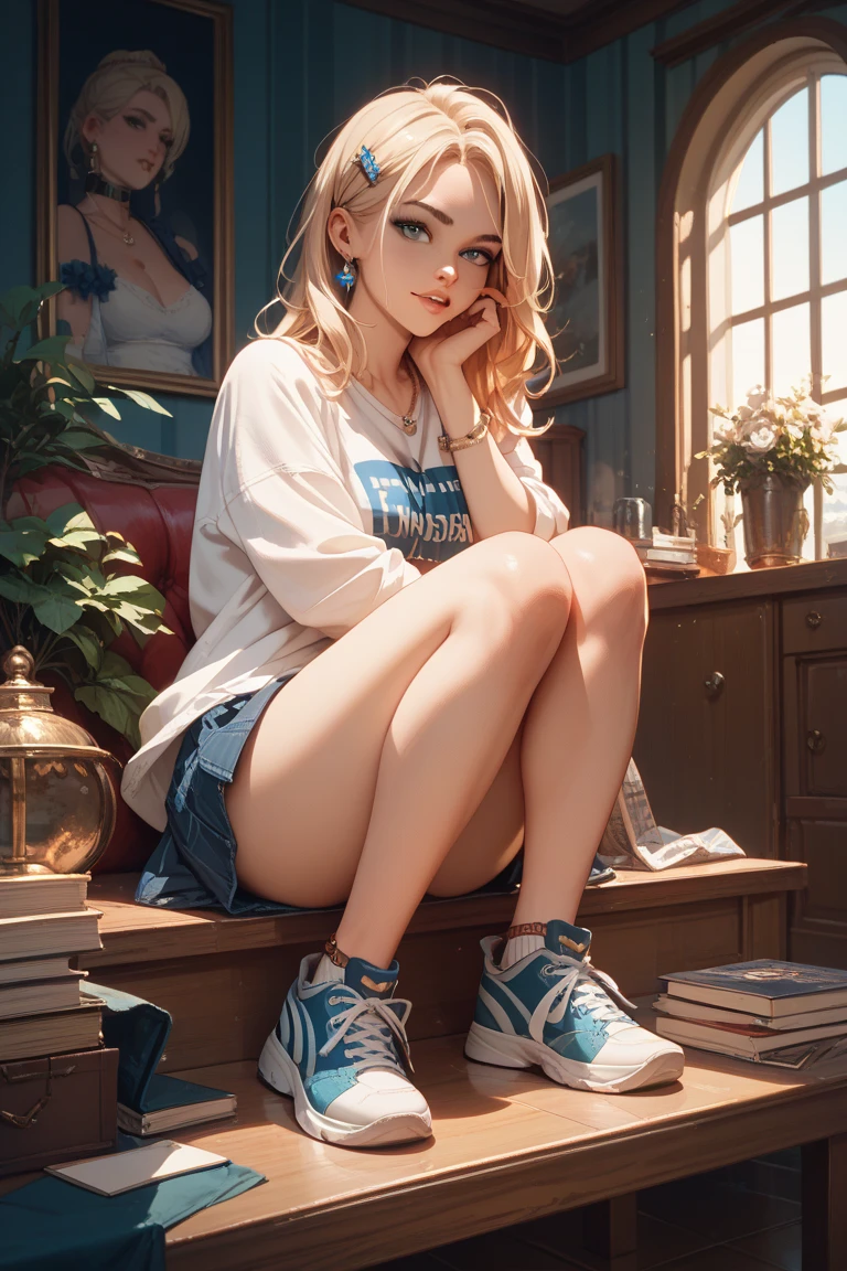 16 year old teenage girl, thin, short height, big white shirt, black shorts, bare feet, sitting on sofa, long white hair and messy, high quality masterpiece, languishing eyes, gray eyes