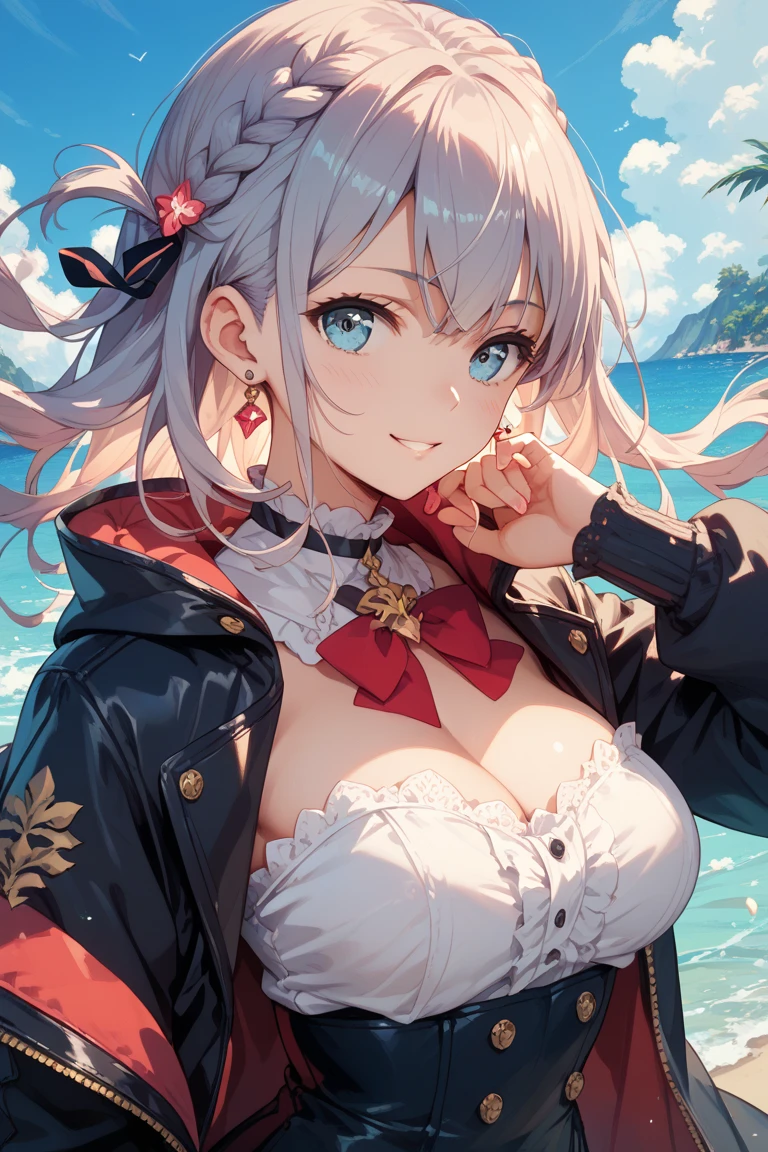 Estilo anime, best possible quality , jovem mulher nua frontal  , mostra os ombros, nadando nua na lagoa , tiro de baixo, adicione cachoeira e floresta
