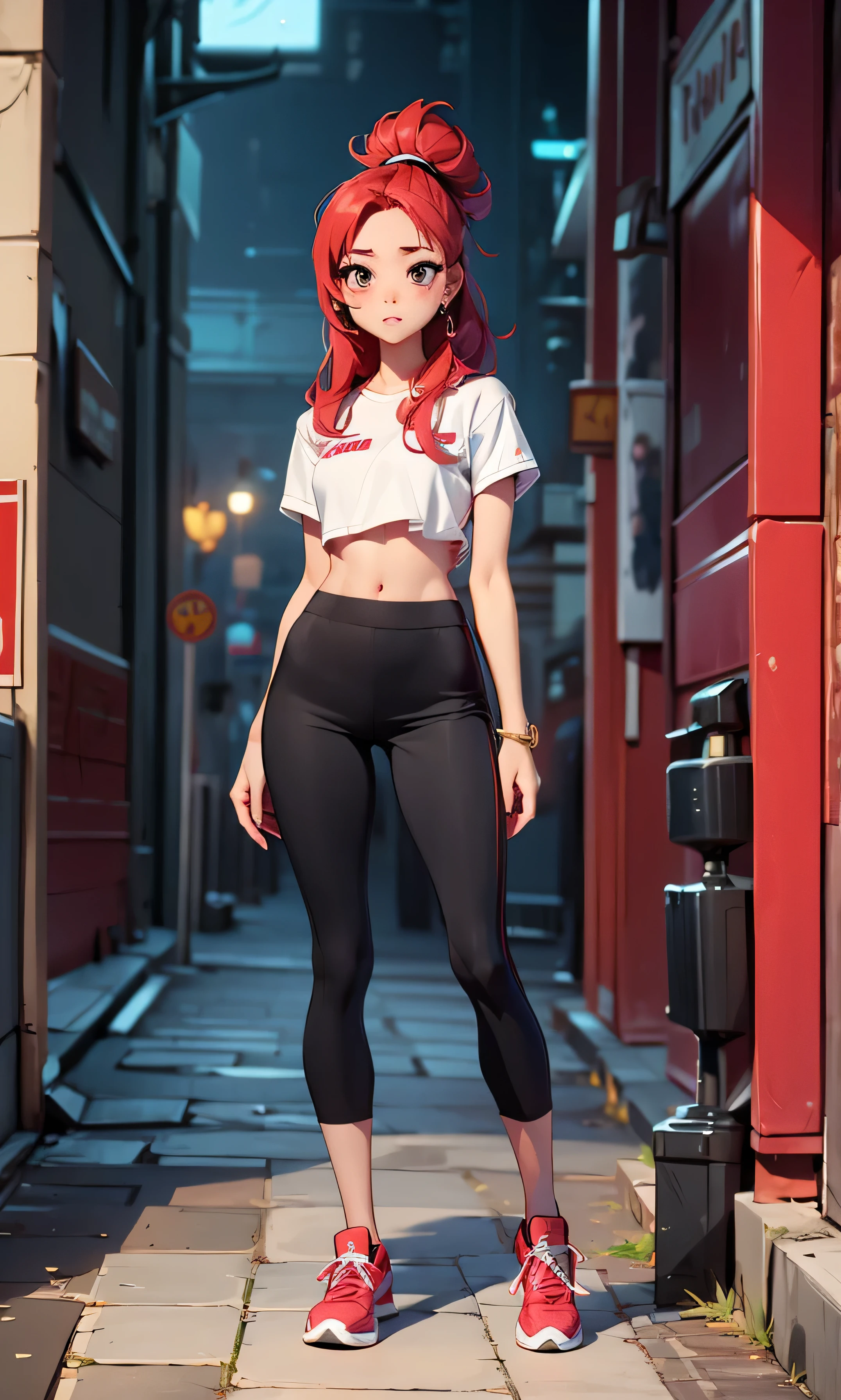 Masterpiece, high facial detail, a beautiful girl, Yuna ITZY, actress yuna, red hair, black eyes, blushing, full body, a thin and tall girl, flat chest, abdomen, textured skin, nice legs, long legs, white top, black pants, sport shoes, head on, standing, sexy pose, in the street, full capture,