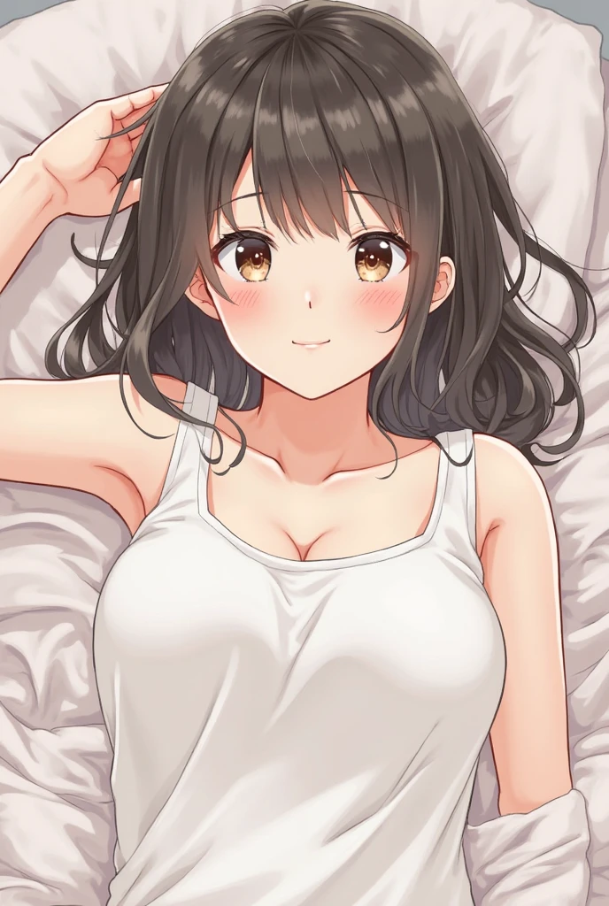 Amazing portrait of a sexy woman with a beautiful face wearing her long straight luscious black hair as she's seductively gazing with her soft lips parted while blushing intensely and smiling wearing an olive green crop top and white cargo pants and white shirt having a medium chest with cleavage and a perfect body while lying on a bed resting her head on a pillow facing the viewer