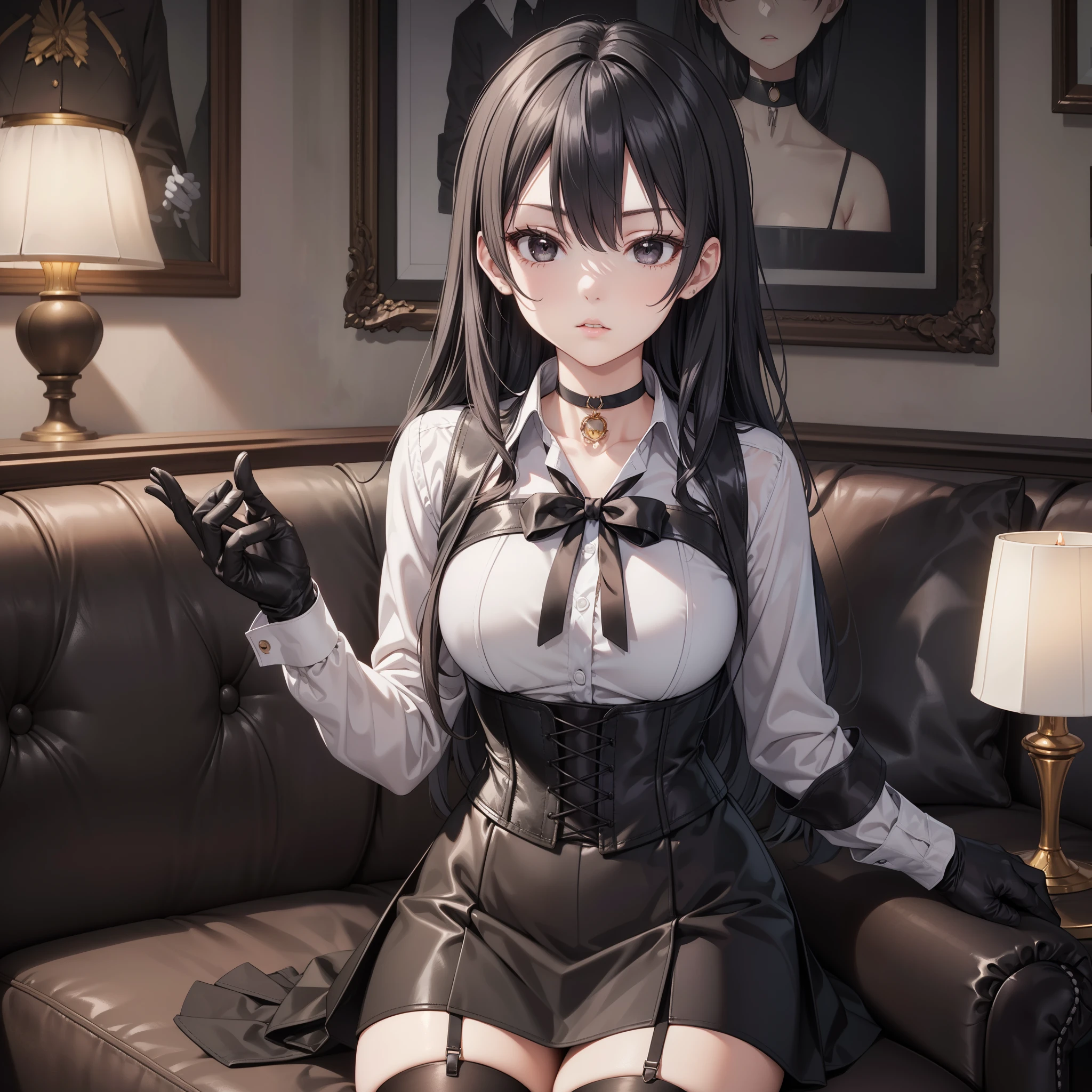 Masterpiece, beautiful art, professional artist, 8K, sciamano240 art style, very detailed face, detailed clothing, Detailed fabric, (A young girl of short stature), sitting on a couch, perfectly drawn body , beautiful face, closed lip vest, (long black hair), black eyes, very detailed eyes, serious expression, detailed lips, choker:1.6, (long sleeve buttoned white collar shirt), black gloves, gloves that cover my hands , (black leather corset), (short black skirt), ( brown stockings), show details in the eyes, elegant room, candelabras, at night