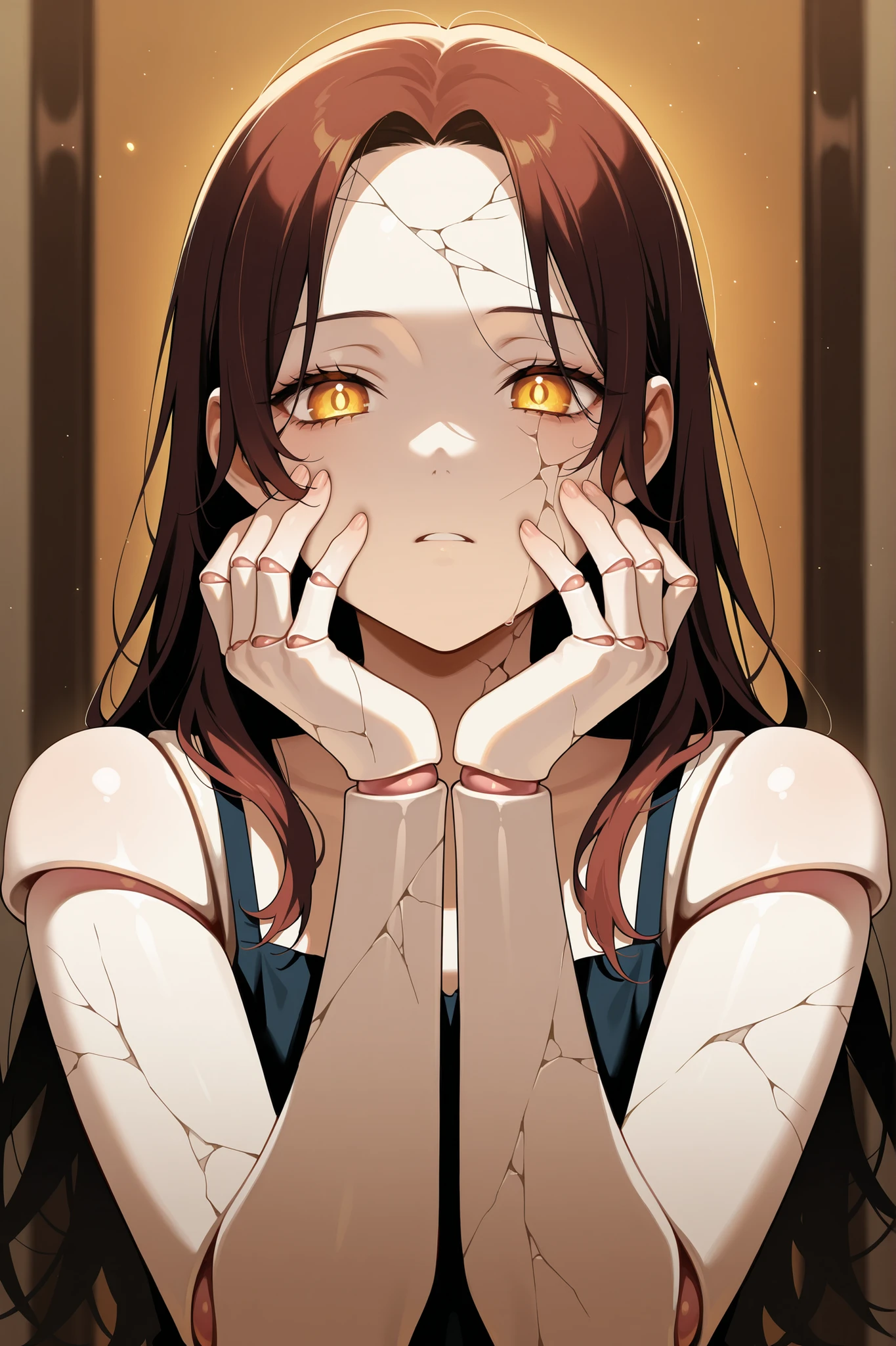 amazing quality, very aesthetic, 1girl, cracked skin, doll joints, anime screencap, detailed facial features, expressive pose, elegant movement, delicate porcelain skin, fragile joints, serene expression, muted colors, soft lighting, dreamlike atmosphere, digital art, 8k, high resolution, masterpiece, photorealistic, cinematic, warm color palette, muted tones, dramatic chiaroscuro