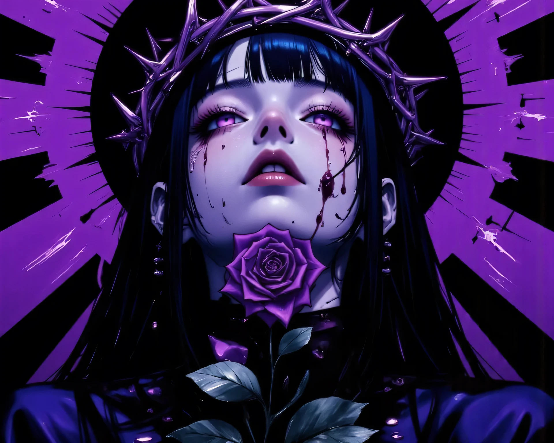 Dark Theme , nightmare,( masterpiece), (best quality), ultra high definition, professional work, very accurate, detailed face, perfect lighting, 1 girl, long hair、Drops of blood、 Blood Drops 、Purple Rose、Crazy Eyes、purple cathedral background、Crown of Thorns