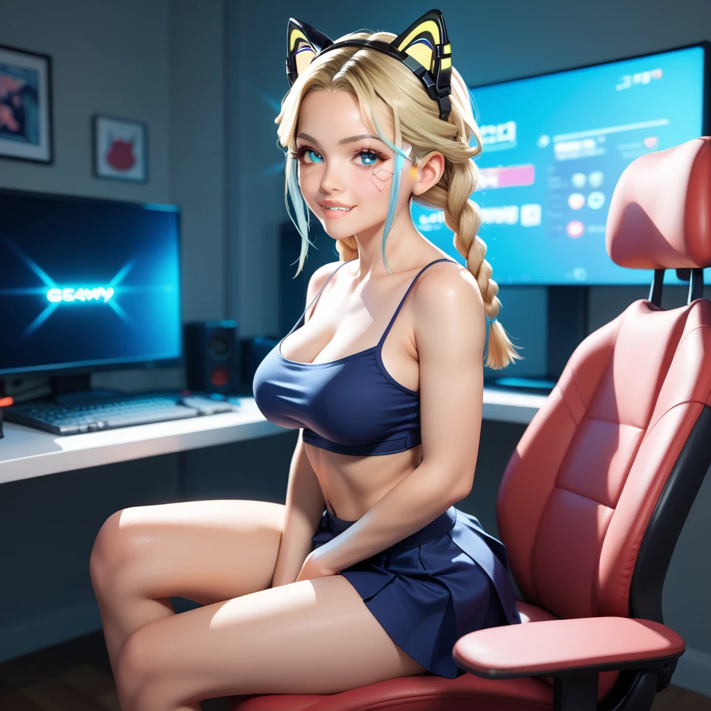 miling minchen, aburdes, balanced eyes, (Best quality details:1.2),realistic,8K High definition,Ultra Detailed,High quality texture,intricate details,detailed texture, finely detailed, high detail, extremely detailed high quality texture cg, high quality shadowasterpiece, best quality)), illustrations, ultra-detailed 8K, realistic, clear focus, highly detailed, professional lighting, colorful details, iridescent colors BREAK factory super long lens, large mechanical robot structure, microchips, computers, luminescence, intricate details, Shitu-Mecha, (navel), (huge breasts:1.1), (blue bikini:1.4), blonde, short hair, cat ears, full body