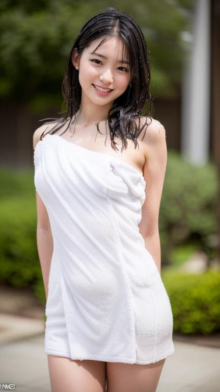 (Best Quality,masutepiece,ultra-detailliert,8K,Raw photo,Realistic,High resolution:1.2),(FULL BODYSHOT),(cute Japanese girls),(Huge breasts　SuperHuge boobs:1.28),(light brown hair),((towel white tube dress:1.4)),(Super plump:1.2),(lightsmile),(outdoor bath:1.2) ,(Hair is wet:1.3),((outdoor bathは日本庭園と大きな岩に囲まれています))