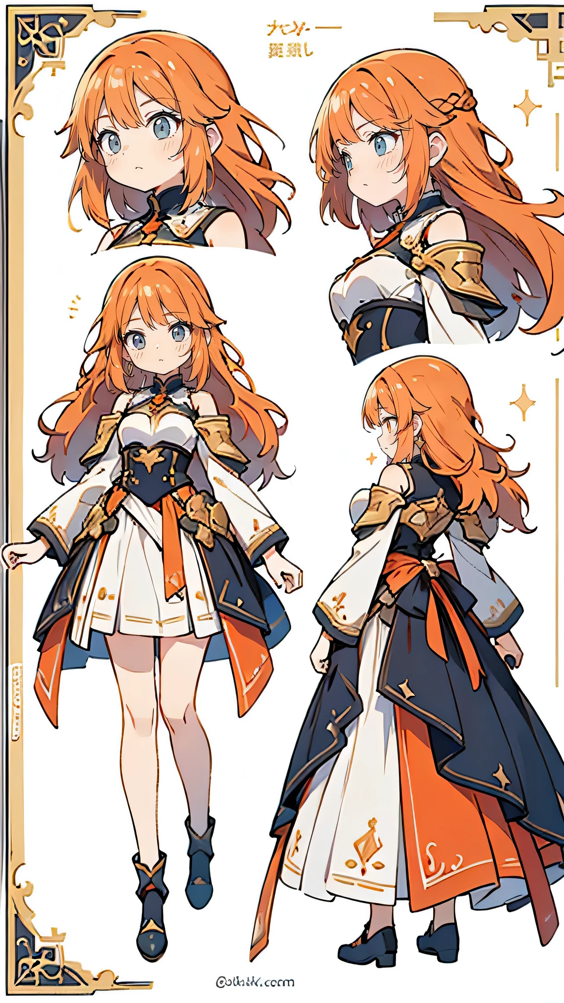 anime, masterpiece, UHD, anatomy correct, detailed skin, detailed pupils, detailed hair, hair correct, full body, vtuber full body, standing pose, dynamic pose, black background, red hair, long hair, yellow eyes, beautiful, beautiful outfit, character sheet, design sheet, vtuber design, design sheet, design concept, reference sheet, full body