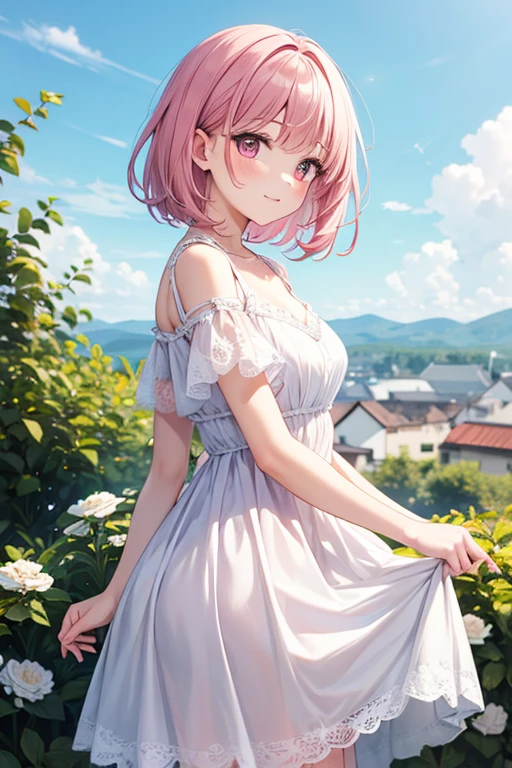 (One transcendent beautiful girl)、manaka komaki、ultra-detailed、(8K, RAW photo, best quality, masterpiece:1.2), (extremely detailed 8K wallpaper),professional lighting,sharp focus, depth of field、(((Detailed and accurate face))),(((head shot)))、nfws,((Pink short bob、Fluffy curly hairy、Rainbow colored inner curl hair))、((Highest quality)), ((masterpiece)), (((Straw hat、Long dress))),((Perfect Face))、(((masturbation、Hands on crotch))),((Just before climax、orgasm、Blushed、Ecstasy face))、Lifting her skirt to show her crotch