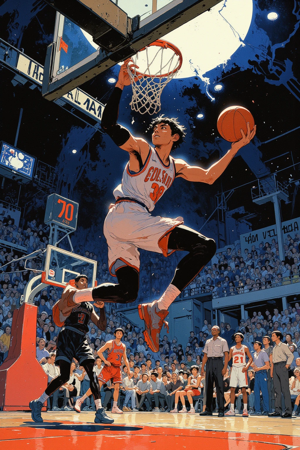 ((best quality))、(super high image quality)、(Super Detail)、(detailed description)、(Best CG ))、(masterpiece)、ArsMJStyle、(Zen ink wash painting)、slam dunk_Mitsui Hisashi、Mitsui Hisashi's 3P shot、(SPARK exciting three-point shot、angle from directly below)、when you give up the game ends there、realistic expression、age up 、 cowboy show 