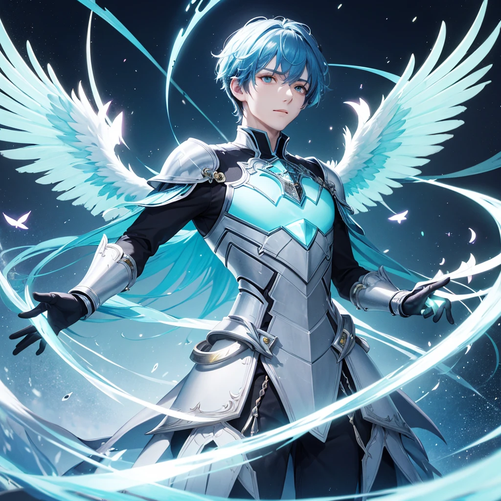 SHUTUMON
GARTER STRAPS
FEATHERED WINGS
SCARF, proportional eyes, (anime:1.5), sharp details, beautiful face, symmetrical eyes, short light blue hair, short hair, light blue hair, green eyes, man, high quality, (full body:1.3), ((Male Shutumon)), Purple clothes, Wings on head