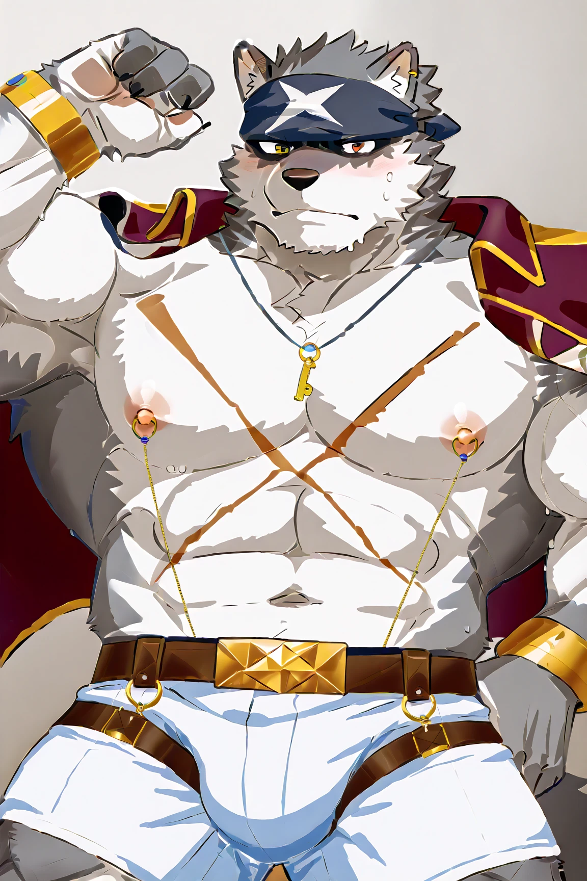 (morning), 1volibear, winter, smile,肌肉男,beard,middle-aged,white fundoshi,((open) kimono),Chinese traditional clothes,close-up,lying in,stud earrings,nipple ring,sweat,drooling,blush sticker,wet,splashed , spilted, milk ((on body))),be watched,crowd