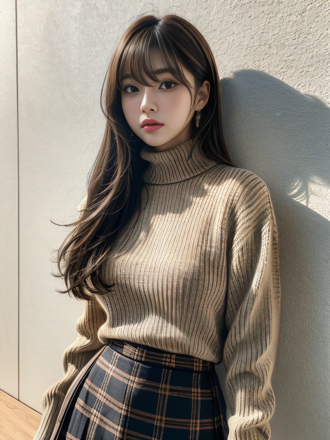 Korean Idol, cute korean model, Stylish, Beautiful Face, light brown hair, asymmetrical bangs, masterpiece, best quality, ultra-detailed, unity 8k wallpaper, hyperdetailed, realistic, sharp features, highly detailed, professional quality, Realistic, Photorealistic:1.3, perfect face, perfect eyes, glossy lips, light atmosphere, hyper detailed, hyper realistic, high resolution, (looking at viewer), natural lighting, Neat clothes, (turtleneck sweater:1.2), (plaid skirt:1.2), (leaning on wall), (whole body:1.3),