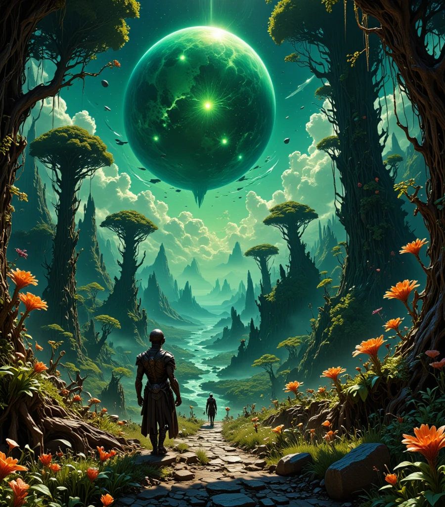 Kepler 22b, A gas giant with a habitable satellite, to create a green environment, (( a lot of whimsically curved trees)), (( a lot of strange, fabulously beautiful and bright colors)),  ((front view)) two men, ((  facing the viewer )),  Facial features are well drawn , conquerors of worlds, walk along a wide path, One, sitting on a cliff by the road, waiting for the second, лежат не нужные опрокинутые empty  инвалидные кресла, ((empty  инвалидные кресла)) (( empty )) Alien flora and fauna, (( разнообразная Alien flora and fauna )), ((  strange alien animals are running through the clearing)), (( big age-old trees, foliage seems to glow from within))  glowing flowers ,  Image quality 8k .