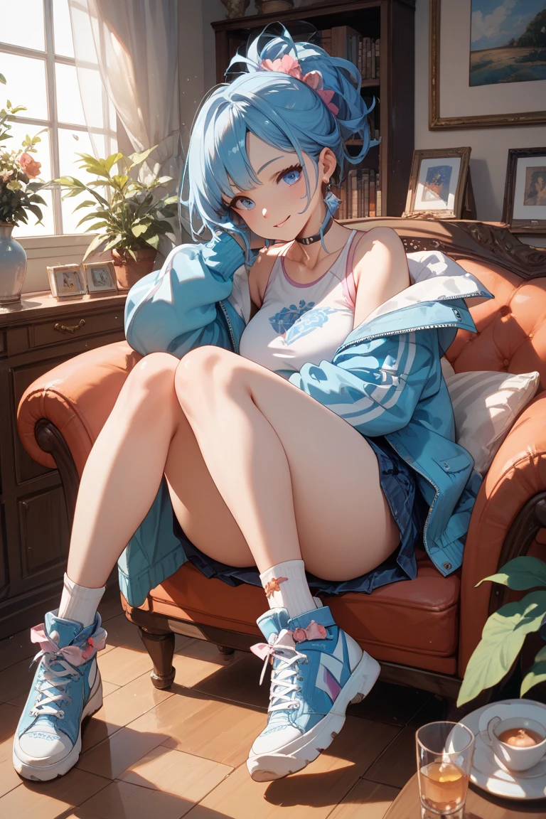 Anime characters with white hair and blue eyes, anime visual of a cute girl, Anime moe art style,Girl with short white hair, Shoujo white hair young anime girl, official character art,Heterochromic pupils，Wear high-top sneakers，White sailor suit，blue accents，red hairband，Lie down in bed，flatchest，Short ponytail hair，White high-top flats in hand，chiquita，fully body photo