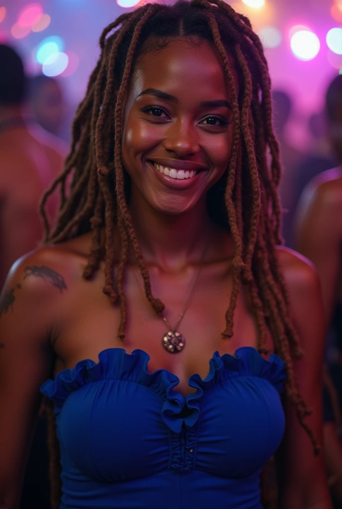 Imagem  A mesma Cabelo: Liso e solto, metade roxo e metade preto.
 jovem em um ambiente de festa, cercada por amigos e admiradores. She's at the center of attention, com um sorriso confiante. She holds a glass of drink and appears to be having fun without any worries. The men around her are clearly interested in her, with expressions of fascination and adoration. The atmosphere is lively, with flashing lights and loud music