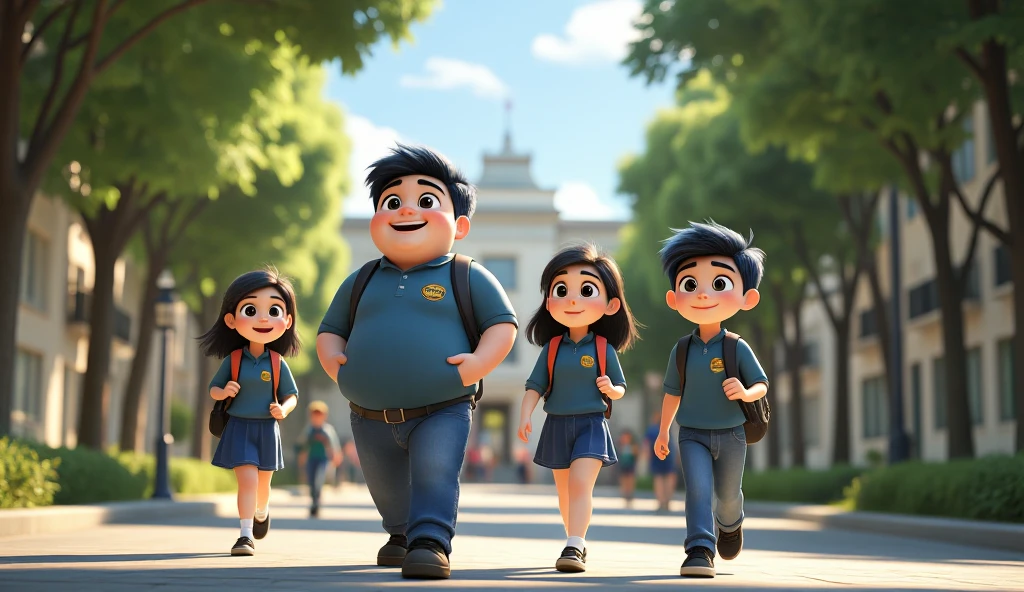 disney pixar movie character 5 high school students wearing uniform (1 tan and plus size male and 4 white female) laughing and talking to one another. Full body