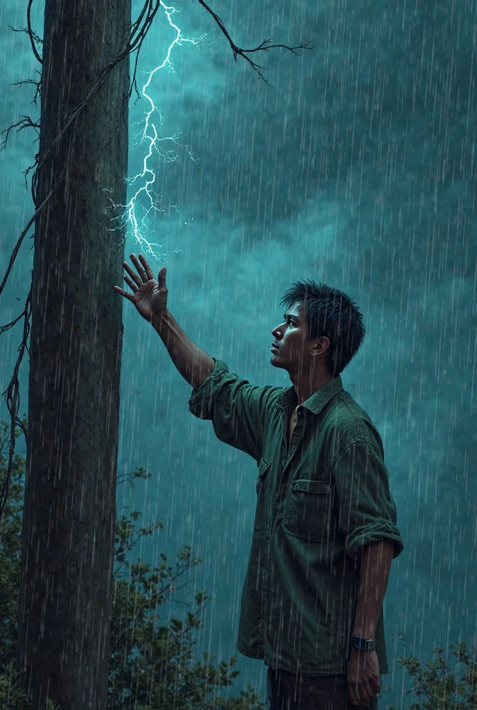 Young man training, Punching a tree, on top of a mountain with lightning around and heavy rain