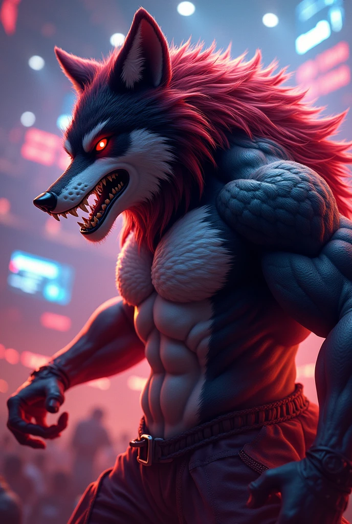 wolf, man, ((black skin, extremely detailed body, detailed paws, serious expression, 4k, 8k, ultra-detailed)) (perfect anatomy), detailed hands, ((heterochromia, blue right eye, red left eye, extremely detailed eyes)), ((chest tattoo, red tattoo, waning moon tattoo)), full body vision, cinematic lighting, professional lighting, centered, looking at camera, 8k, 3d shader, maximum focus, depth of field, perfect lighting, light particles, (best quality), (ultra detailed), sharp focus, light particles, standing, black shorts, standing, detailed legs, detailed paws,