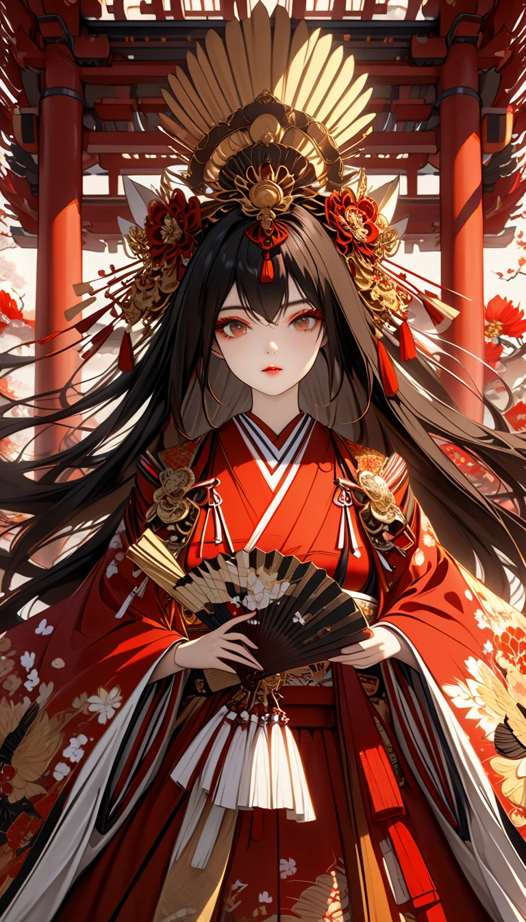 Amaterasu, japanese goddess, goddess of sun, (long straight black hair), (elaborate headdress with golden spikes and floral accents), (layers of kimono in red and gold tones), ornate traditional attire, intricate patterns and embroidery, multiple decorative belts and sashes, holding a delicate fan, (best quality,4k,8k,highres,masterpiece:1.2),ultra-detailed,beautiful detailed eyes,beautiful detailed lips,extremely detailed eyes and face,longeyelashes,detailed digital painting,intricate,soft lighting,traditional Asian-inspired art style, from sengoku period, divine and regal atmosphere, traditional and ceremonial style,
