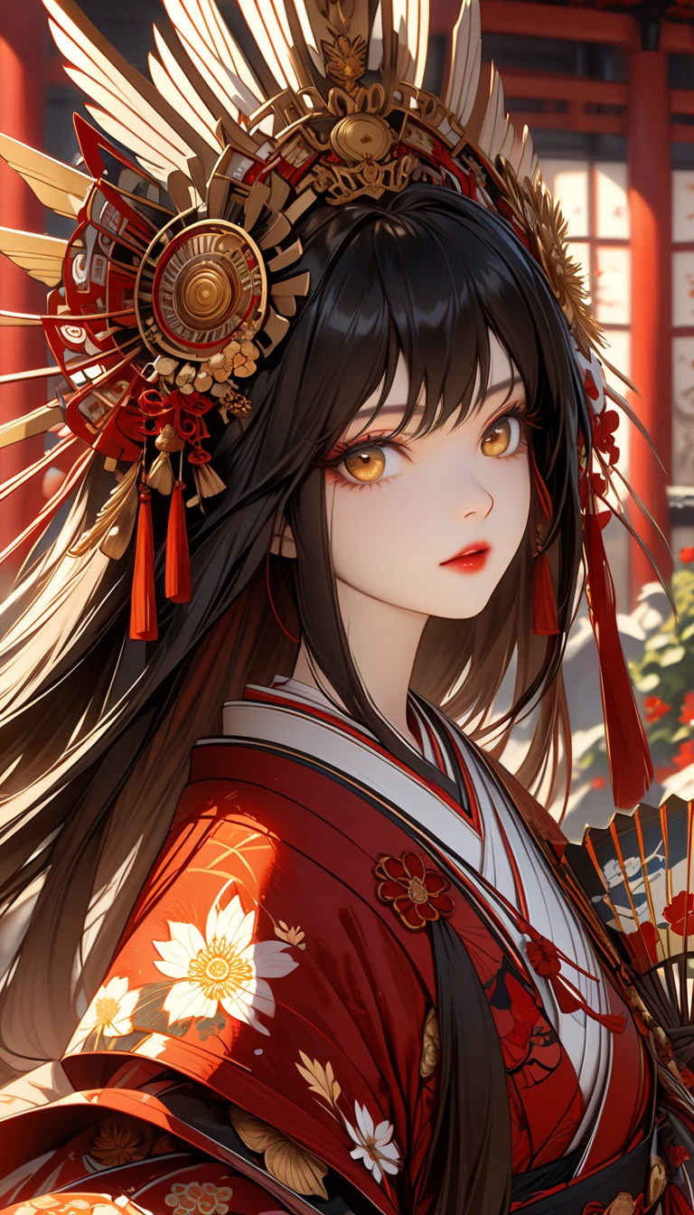 Ukiyo-e,Japan,Sengoku period,Samurai in elaborate armor,Slightly tilted upwards,Japan刀を右手で持ち切っ先は下,The left eye is hidden by the bangs,The right eye is stained red,Slightly leaning forward,The background is a battlefield at sunset,