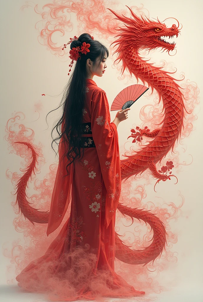 kimonoを着たとても綺麗なJapanese womenが大きなdragonに乗って飛んでいる Watercolor art Ink illustration spiritual dragon kimono Japanese women