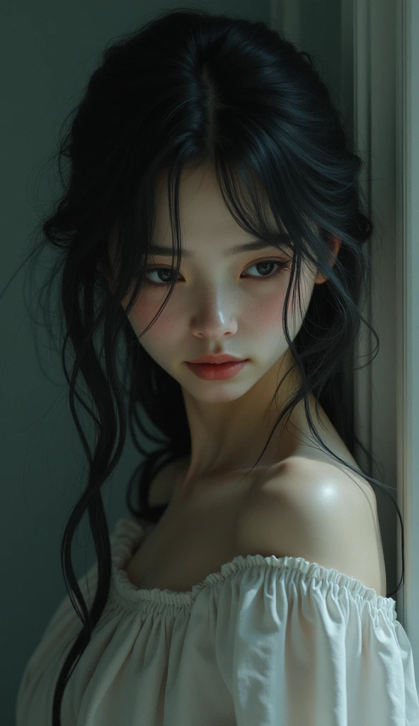 Beautiful girl with deep scene eyes dark black long hairs slim body 
