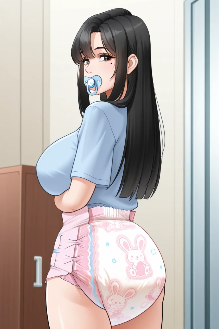 1girl,black hair,straight hair.Mole.Big Breasts.Diapers,pacifier、Mature Woman,40s,anime style, Examination Room、
abu littlekings, diaper, rabbit print, back-print diaper,