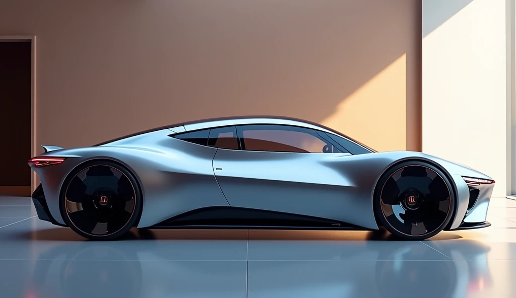 Left Side View:
"A futuristic 2026 Honda prelude hypercar, ultra-HD, side profile with a flowing coupe-like silhouette, large aerodynamic wheels, flush door handles, panoramic glass roof, metallic silver-blue body, set in a premium showroom with soft lighting."