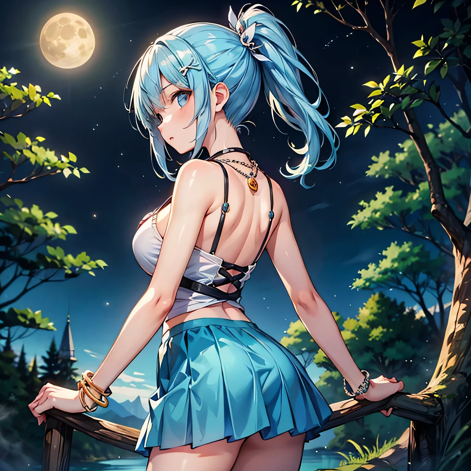 (masterpiece, best quality:1.3), (upper body:1.3), Yagokoro Eirin, Touhou Series, perfect face, expressive eyes, 1woman, looking at viewer, 38 years old, gorgeous body, big breast, beautiful, anime, lora,1woman, silver hair, braid hair, nurse cap, red and blue clothes, long skirt, (cinematic lighting, realistic, dream-like, enchanting atmosphere:1.5), (an old japanese mansion with moonlight leaking, in bamboo forest, midnight, big full moon:1.3)