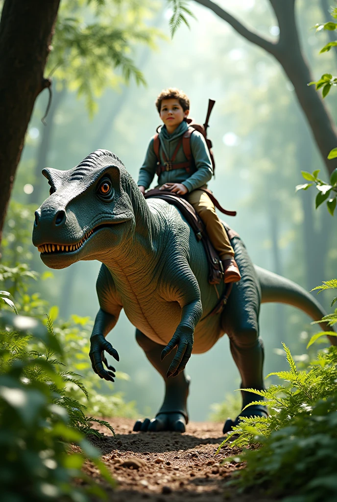 a photo of a, hiquality, Boy 6 years old, shingle , in armor, Riding a dinosaur, rides through the woods