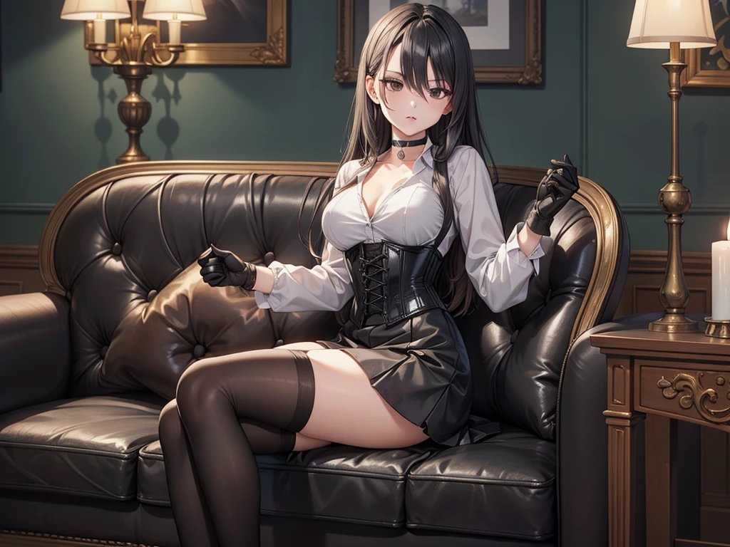 (((top-quality, masterpiece))), (best quality), (detailed), (((depict one young girl))), (solo girl), bartender girl, happy, charming, smiling, highly detailed beautiful face, delicate girl, delicate face, dark hair, long hair, poney tail, dark eyes, black eyes, dark look, ((small breasts)), nice hips, flat belly, slim waist, define collarbone, (((sofisticated and detailed black leather dress))), ((sexy dress)), (((black lace stocking))), standing in front of a bar counter, sexy pose, cinematic shadow, Holding beer cup, irish pub atmoshpere, she is leaning against the bar counter, she leans forward, and we can see a large cleavage
