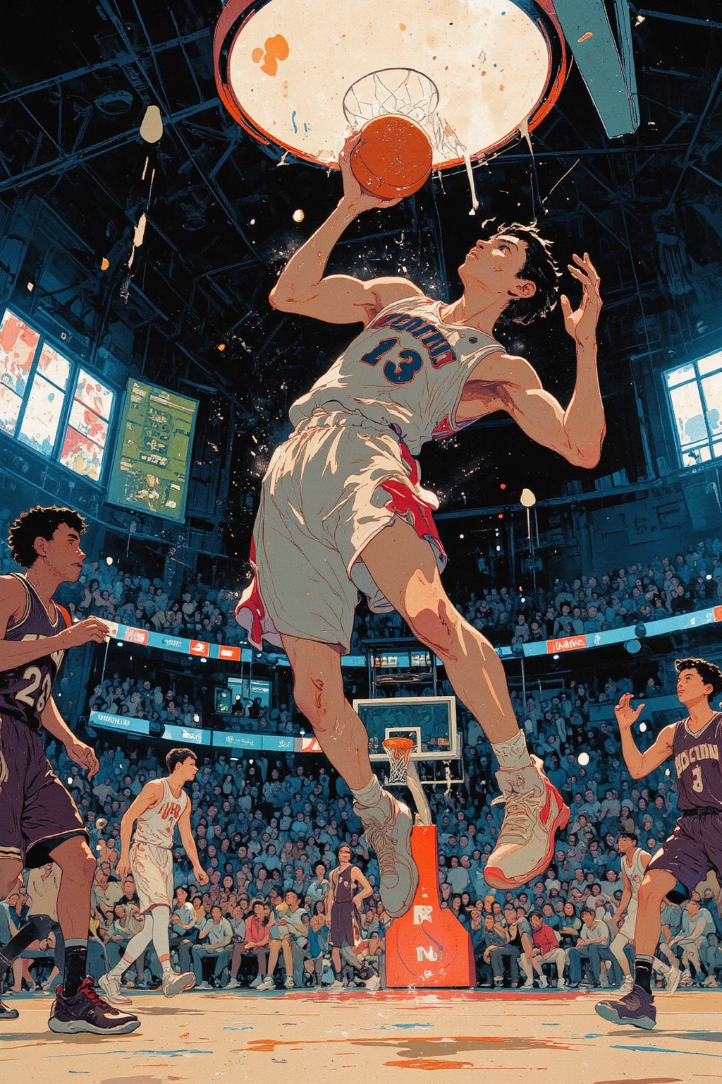 ((best quality))、(super high image quality)、(Super Detail)、(detailed description)、(Best CG ))、(masterpiece)、ArsMJStyle、(Zen ink wash painting)、slam dunk_Mitsui Hisashi、Mitsui Hisashi's 3P shot、(SPARK exciting three-point shot、angle from directly below)、when you give up the game ends there、realistic expression、age up 、 cowboy show 