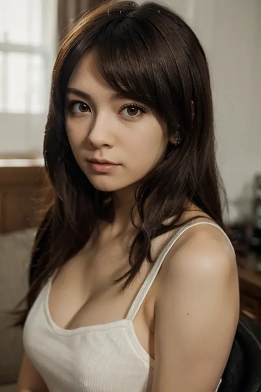 ((best quality)), ((masterpiece)), (detailed), arafed european woman in a bralet, at apartment, half body, perfect breast, beauty long black hair, perfect eyes, perfect face, looks into the camera