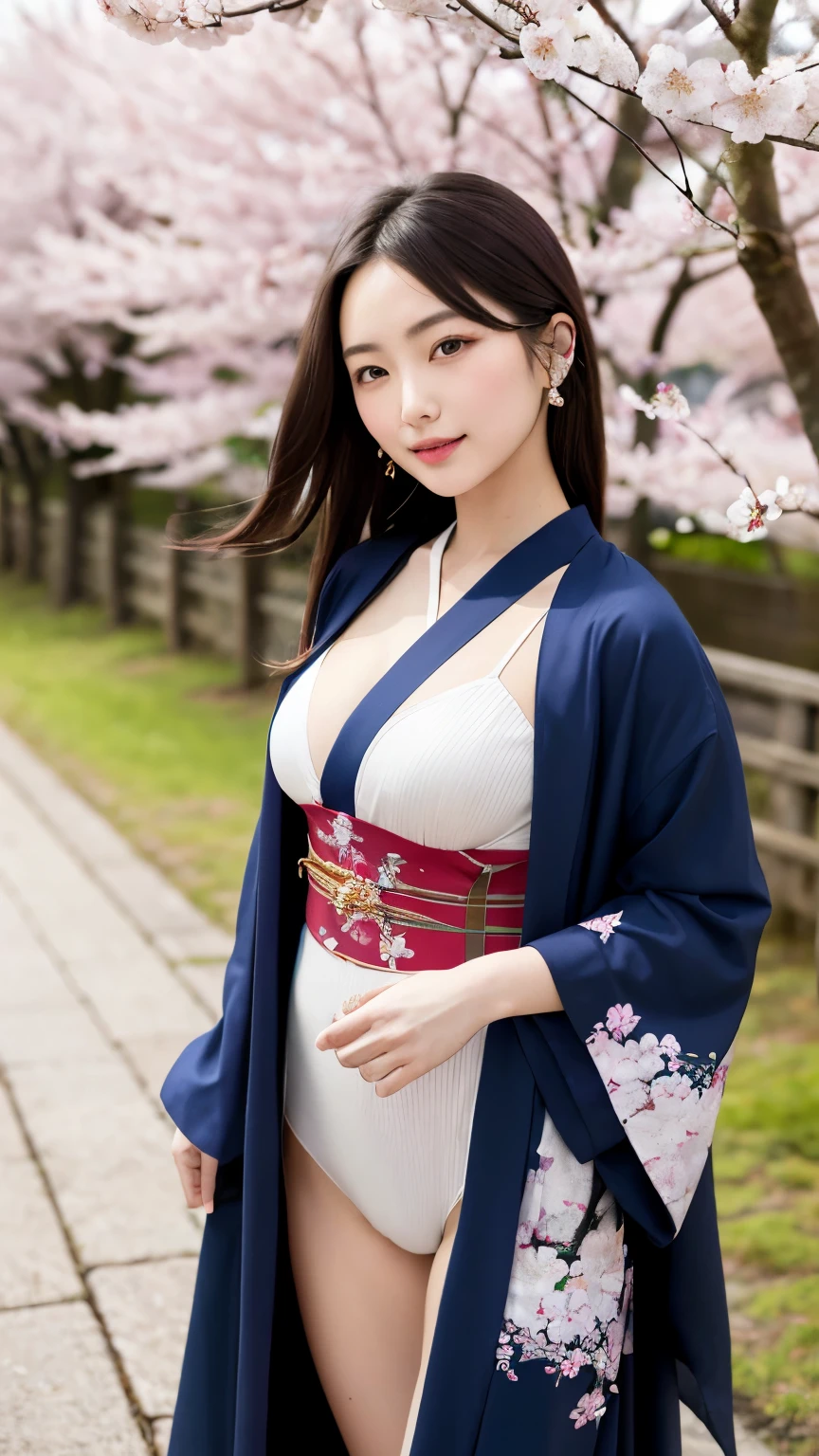hire, sunlight, Backlight, ((Cinematic Light, Ray Tracing)), (masterpiece),((Very detailed)), (Highly detailed CG illustrations), (highest quality:1.2),(1 girl:1.2),High-quality texture, Intricate details, Detailed Texture, High Quality Shadows, Realistic facial expressions, Beautiful and delicate face down to the last detail, Are you okay, Beautiful and delicate eyes, Brown pupil,smile、 Perfectly balanced face, Written boundary depth, perspective,30th generation, Glossy Lips, Perfect body, Medium Chest, clear_image, Focus Only, (Brown Hair), ((Tie your hair back、Tie your hair back)), (Are you okayly drawn beautiful eyes and detailed face), Light source contrast, 21 years old, cherry blossoms並木の背景,(( kimono, Floral)), Light pink belt, , cherry blossoms, full bloom,(((Cleavage)))
