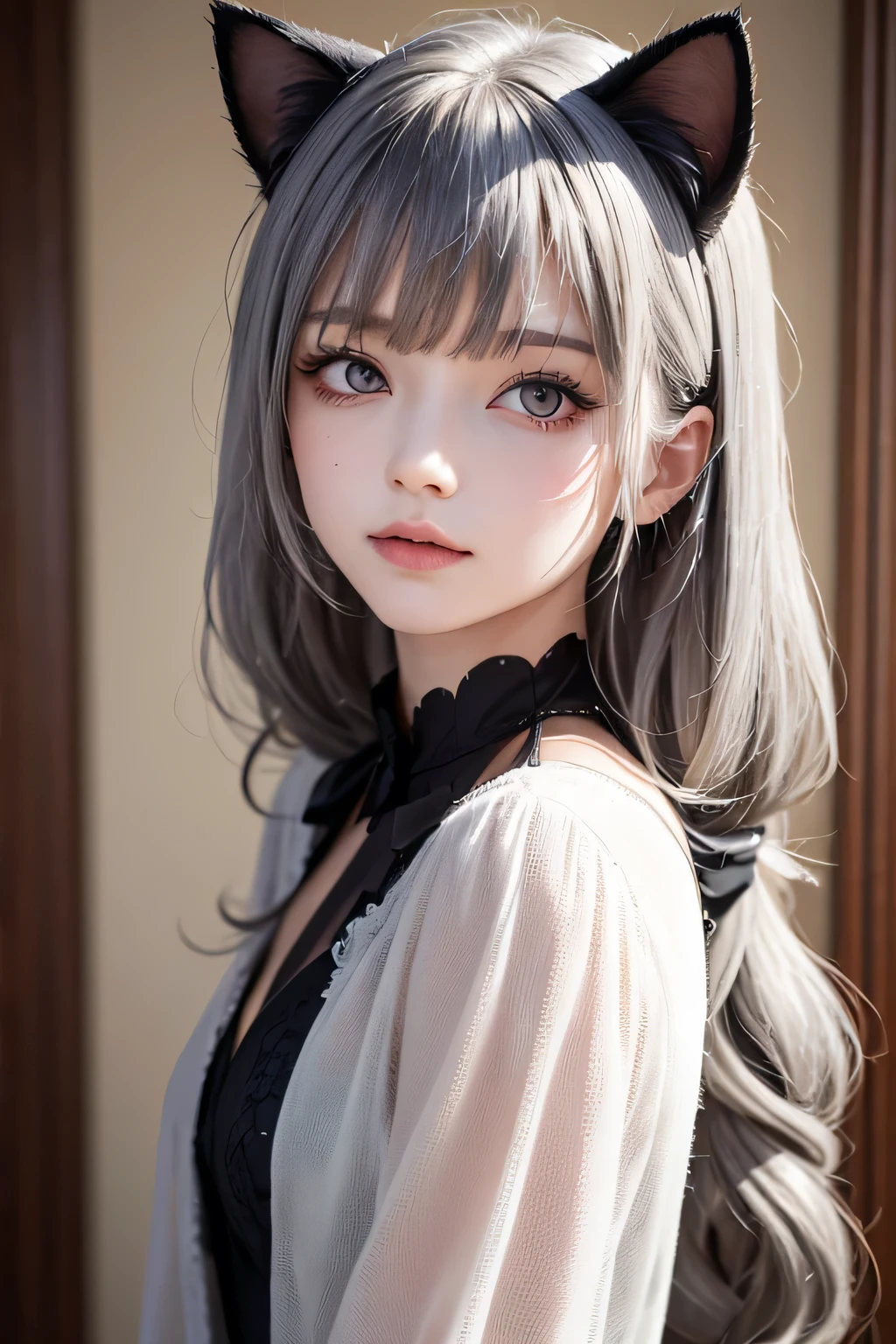 sherry g, (masterpiece, BEST QUALITY, high resolution: 1.2), 1 girl, alone, twin tails, gray eyes, upper body, dress, silver hair, Cat ears