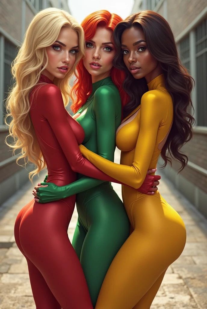 Create the image of 5 beautiful and slim girls, the girl in the middle being a slim 20 year old girl, clear skin, Long blonde hair, blue eyes and angel face, dressed in well-equipped black combat suits, All ages between 24 and 30 years old a forest background