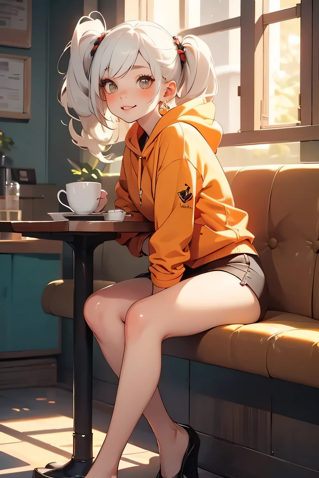 masterpiece, best quality, 1girl, white hair, twin tails, orange hoodie, sitting at a cafe table, casual and cheerful atmosphere, smiling, bare legs, smooth and flawless calves, soft skin texture, gentle sunlight, cozy setting, warm light, natural makeup, skin highlights, realistic shading, soft lighting, delicate complexion, slightly seductive, cute but mature charm