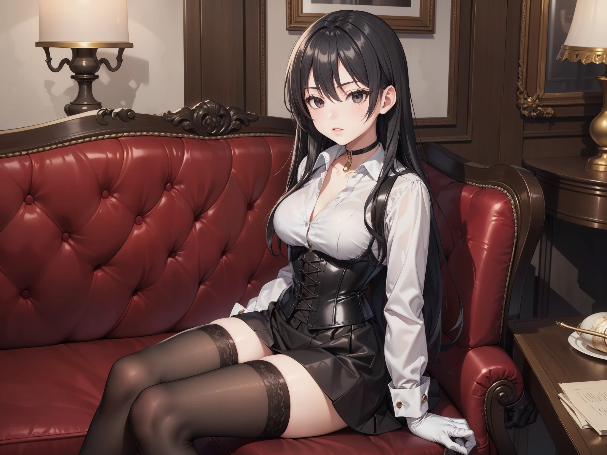 Masterpiece, beautiful art, professional artist, 8K, sciamano240 art style, very detailed face,  detailed clothing, Detailed fabric, (A young girl of short stature), sitting on a couch,  perfectly drawn body , beautiful face,  closed lip vest, (long black hair), black eyes, very detailed eyes, serious expression, detailed lips, choker:1.6, (long sleeve buttoned white collar shirt), black gloves,  gloves that cover my hands , (black leather corset), (short black skirt), ( brown stockings), show details in the eyes, elegant room, candelabras, at night