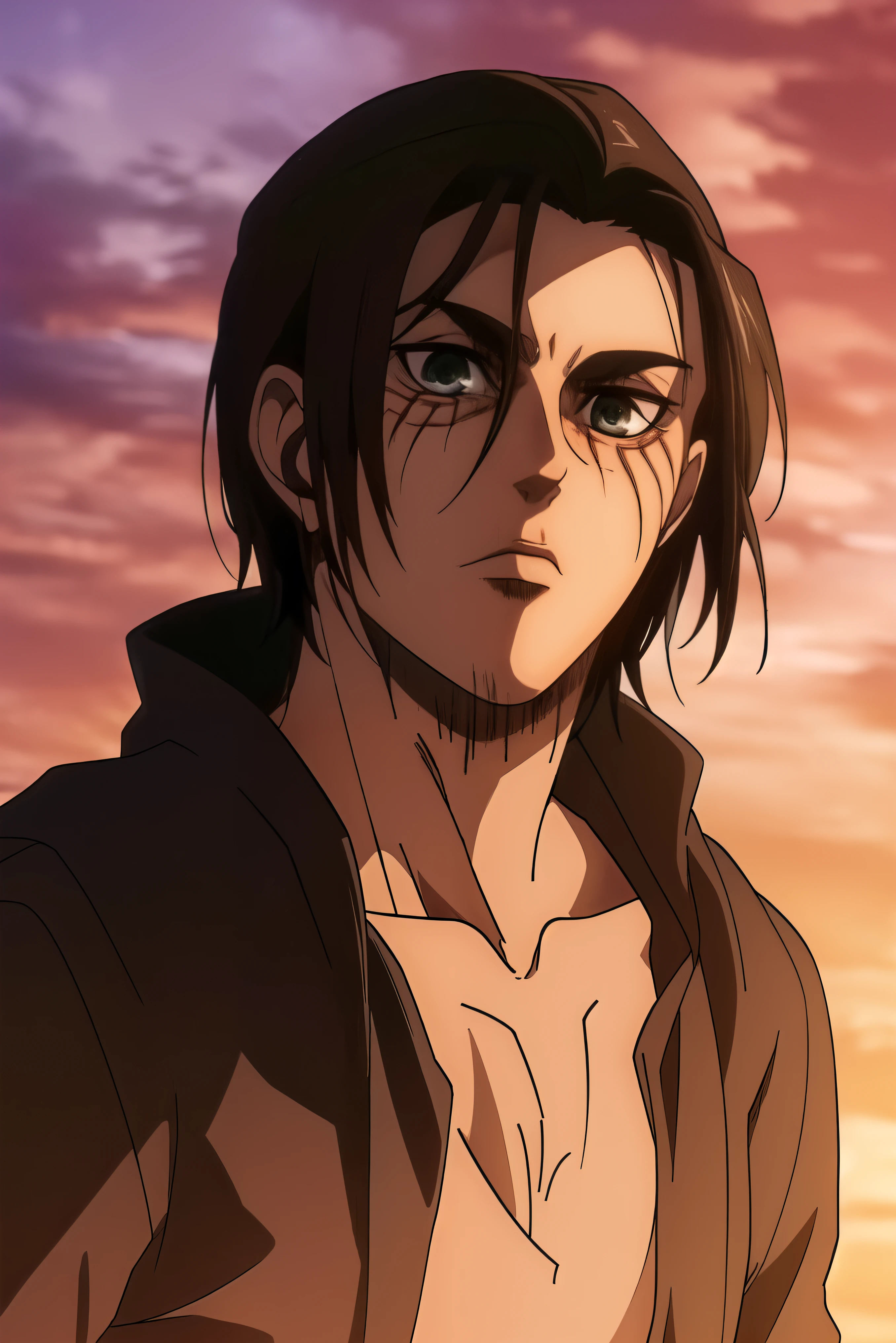 erens4 a man, black jacket, looking at the viewer, upper body photo, at the streets, sunset, mists, His hair is very long and falls on his shoulders.