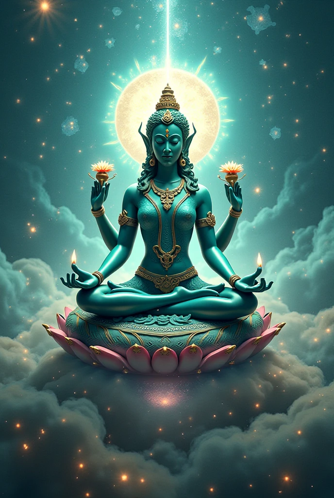 There is a beautiful goddess sitting on a large lotus flower in the void,Perfect body posture,Long curved eyebrows,Beautiful eyes sparkle,The large, Jewel-like eyes sparkle,Clear pupils have reflected light,二重まぶた,((Plump and rosy lips))Nipples clearly visible,((Flushed cheeks)),The mandible is plump,Fair skin is delicate and smooth,Delicate skin translucent,A delicate and dexterous crown,inlaid gemstones,Exquisite and ingenious,inlaid gemstones,Sitting on a light red lotus in the air,look straight at the camera,((Pinch the stem of the lotus flower with one hand)),Place the other hand(((Open palms))),((nice hand)),((Good feet)),(good legs),realisticlying,white skinned,((Correct body structure)),White clothing,decorated in white,baiyun,Blue sky,Head background with round light,Behind him is a colorful rainbow circle,Color glow is turned on,Front lighting,Positive light,No shadows on the face,There are no shadows on the body,Blue sky,Unreal space,ethereal world,dreamworld,with blue sky and white clouds,tmasterpiece,4K,ultra-definition,professional photoshooting,Perspective looks up,Standard lens shooting,