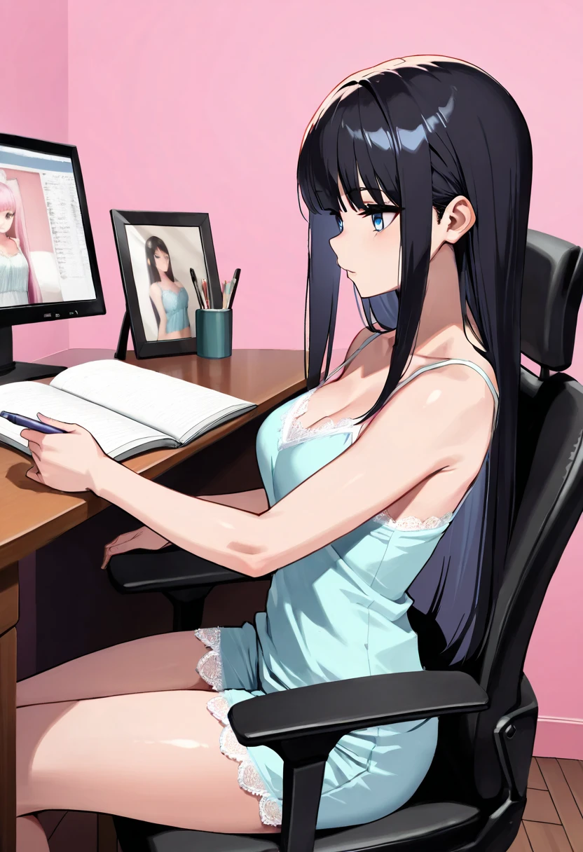 (masterpiece, ultra high definition, 16k, RAW photo, intricate), sharp focus, crisp details, 1girl , long hair, (glossy straight black hair, silky smooth straight hair), blue eyes, medium breasts, lace camisole, 青のキャミソール, (onepiece), の部屋, (ピンク色の部屋), 学習机, 学習椅子, 黒い椅子, 椅子に座っている, 勉強している, 机の上にノートがある, ノートに書いている, 鉛筆で書いている, (cowboy shot), 背景をぼかす, シンプルな背景,