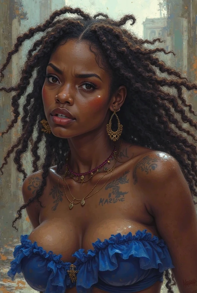 (obra maestra, Mejor calidad), Deep ebony, 1 chica estilo victoriana, hermoso rostro, angry expression,pelo rizado, rizos rizados, en una biblioteca